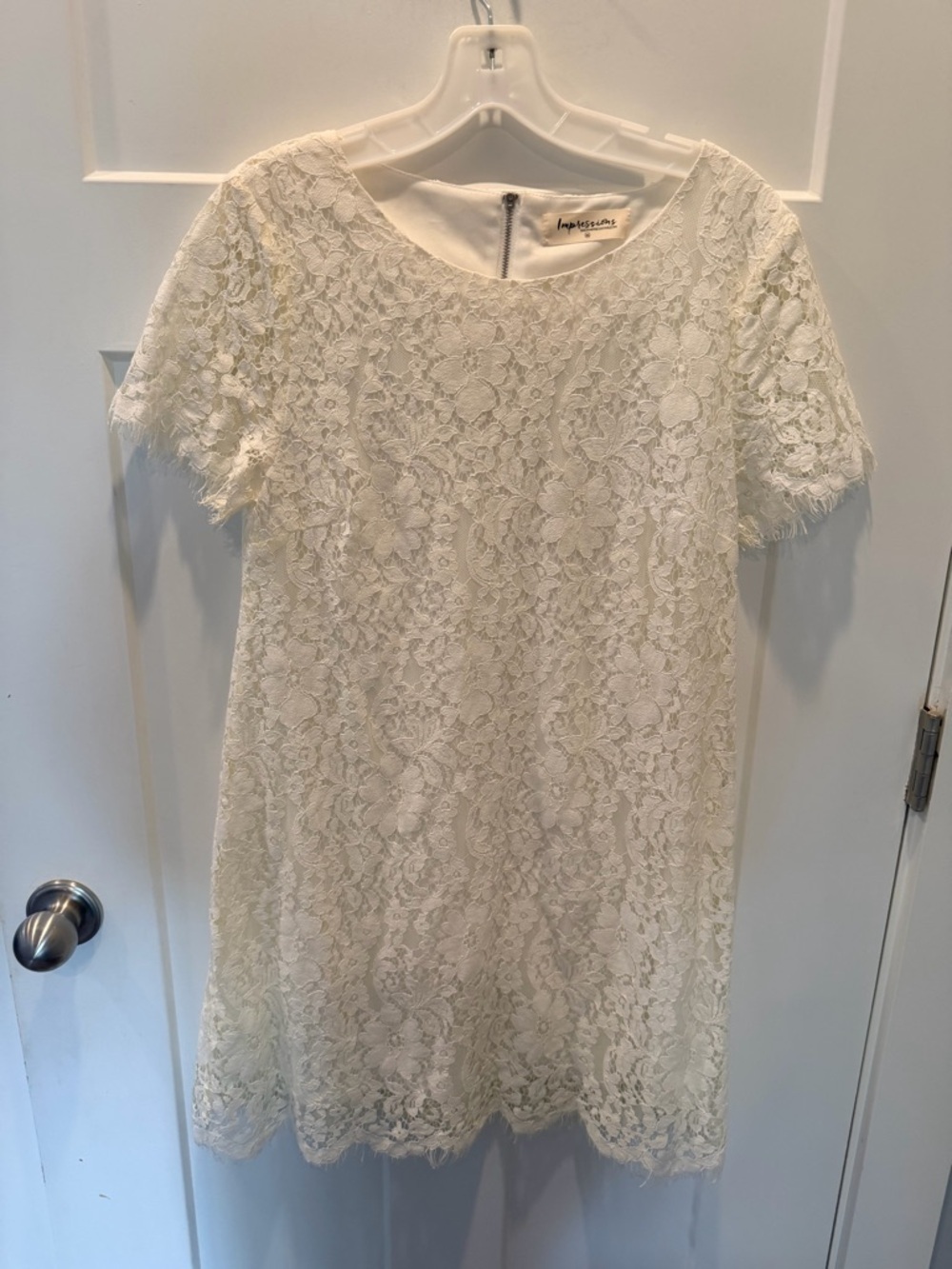 Impressions White Lace Dress Eyelash Hem Short Sleeve Mini Size Medium